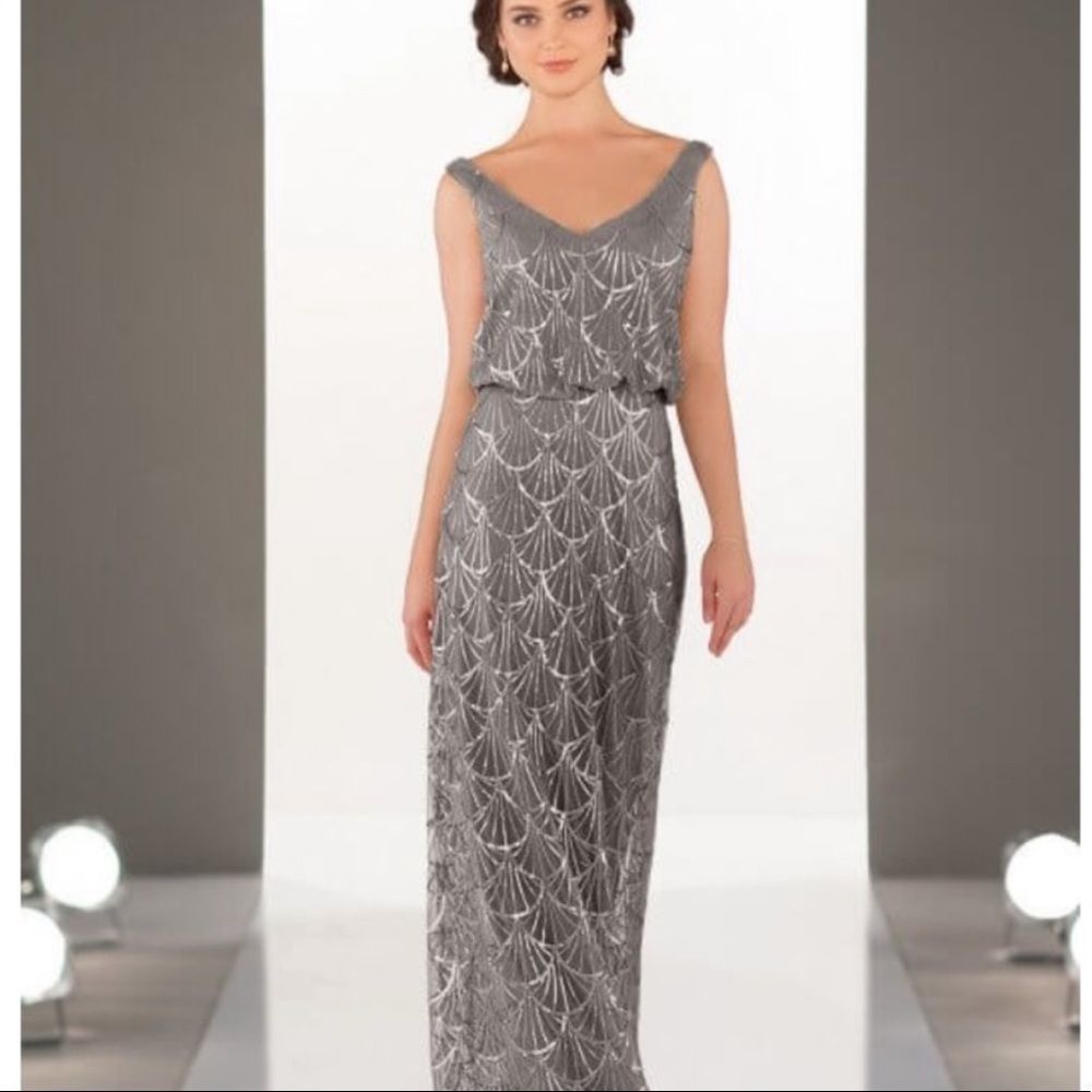 NWT Sorella Vita Platinum Sequin V-Neck Maxi Bridesmaid Dress Sz 14